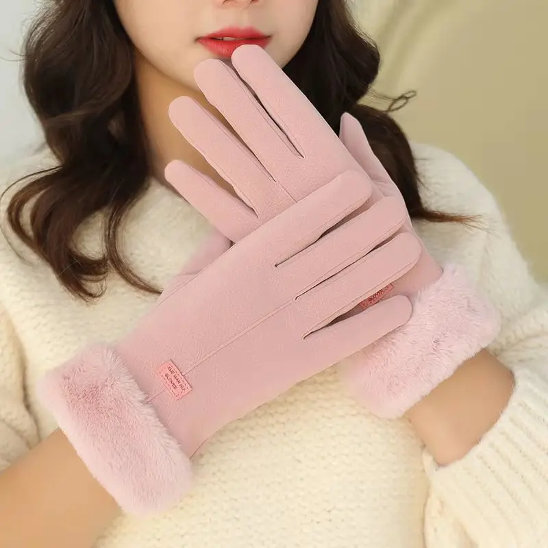 Women Warm Hand Gloves Fashion Lady Autumn Winter Plush Windproof Finger Touchscreen Gloves Fleece Lined Thermal Outdoor Gloves