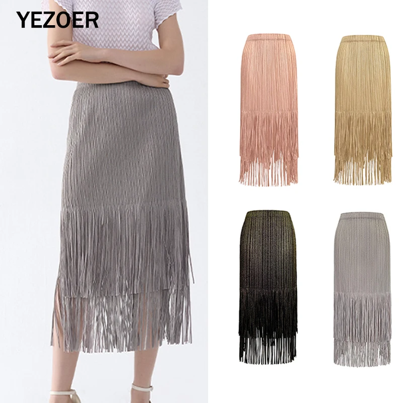

2025 Summer New Solid Color High end Fairy like Clear New Style Fashion Wrinkle and Tassel like Half length Skirt for Women