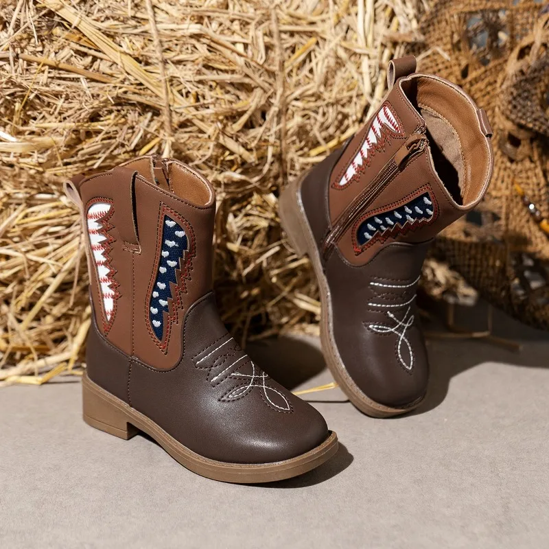 Kids' Fashion Western Cowboy Boots Brown Leather Like Upper Zipper Closure with Colorful Embroidery Patterns Kids Shoes for Girl