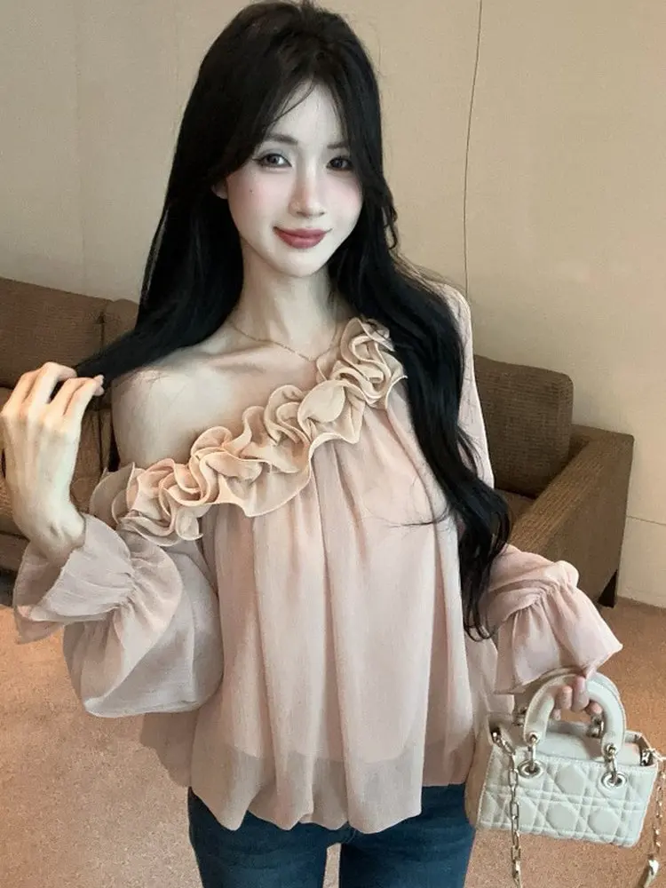 

French Sle Sweet One oulder Long Sve Women's irt Breathable Polyester Floral Lace Detail Loose Fit Casual irt