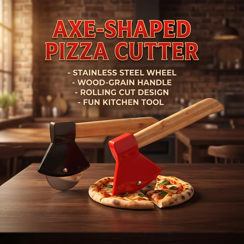 Pizza Cutter Wheel with Bamboo Handle Stainless Steel Axe Shaped Pizza Slicer for Pizza Pie Waffles Dough Kitchen Accessories