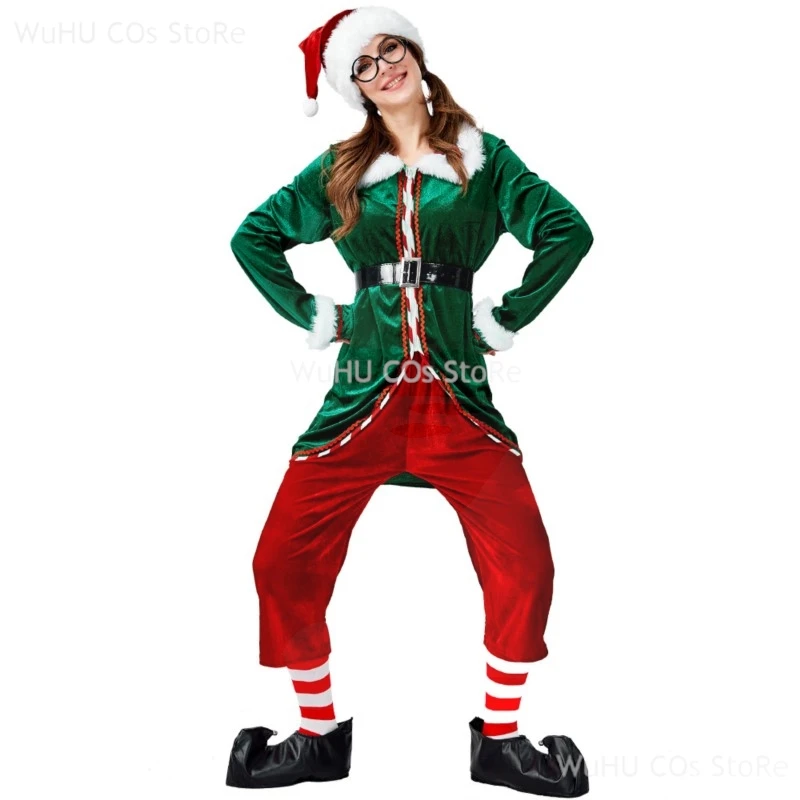 Deluxe Adult Christmas Santa Claus Costume Green Xmas Elf Disguise Couple Cosplay Carnival New Year Party Fancy Dress Outfit