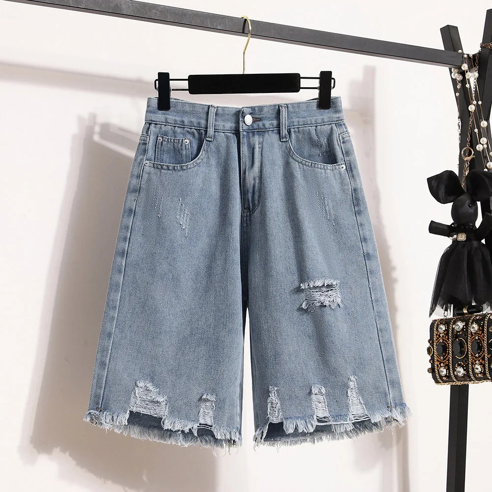 

Summer Ripped Holes Denim Shorts Women Oversized Chic Design High Waist Tassels Jeans Streetwear Female Short Denim Pants