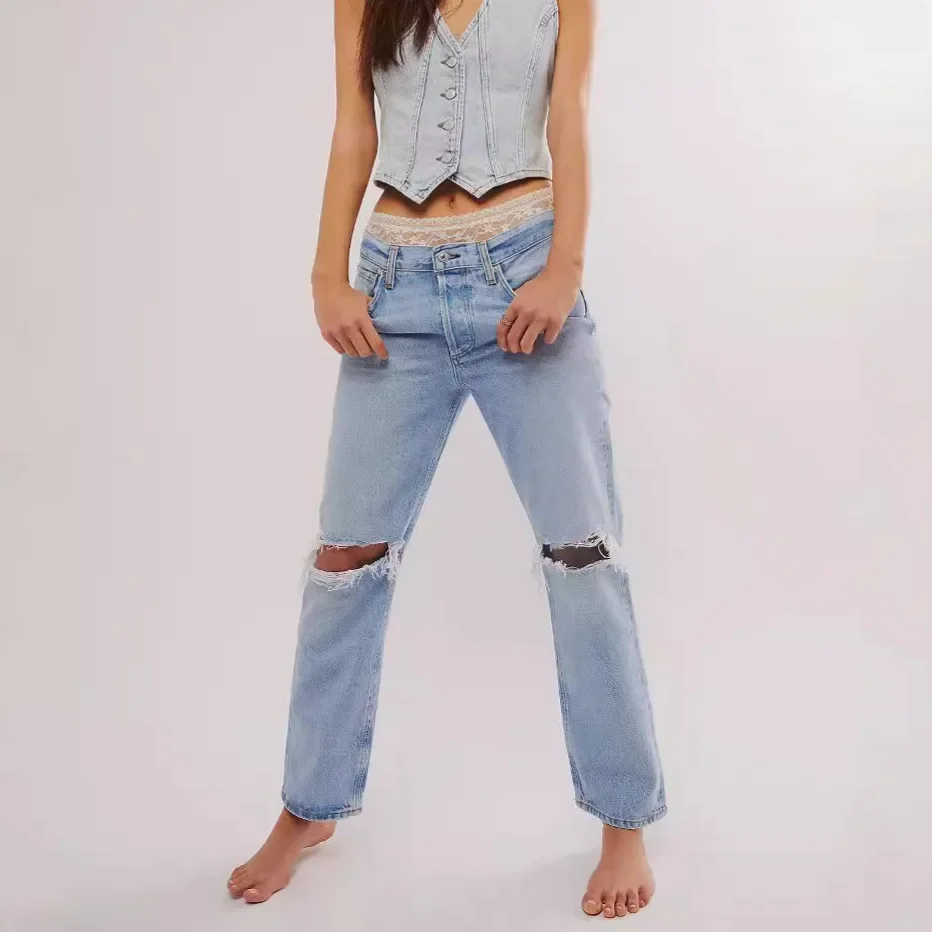 

Ripped Jeans For Women 2025 Streetwear Straight Pants Mid Waist Washed Distressed Vintage Denims Hole Ankle Length Trousers
