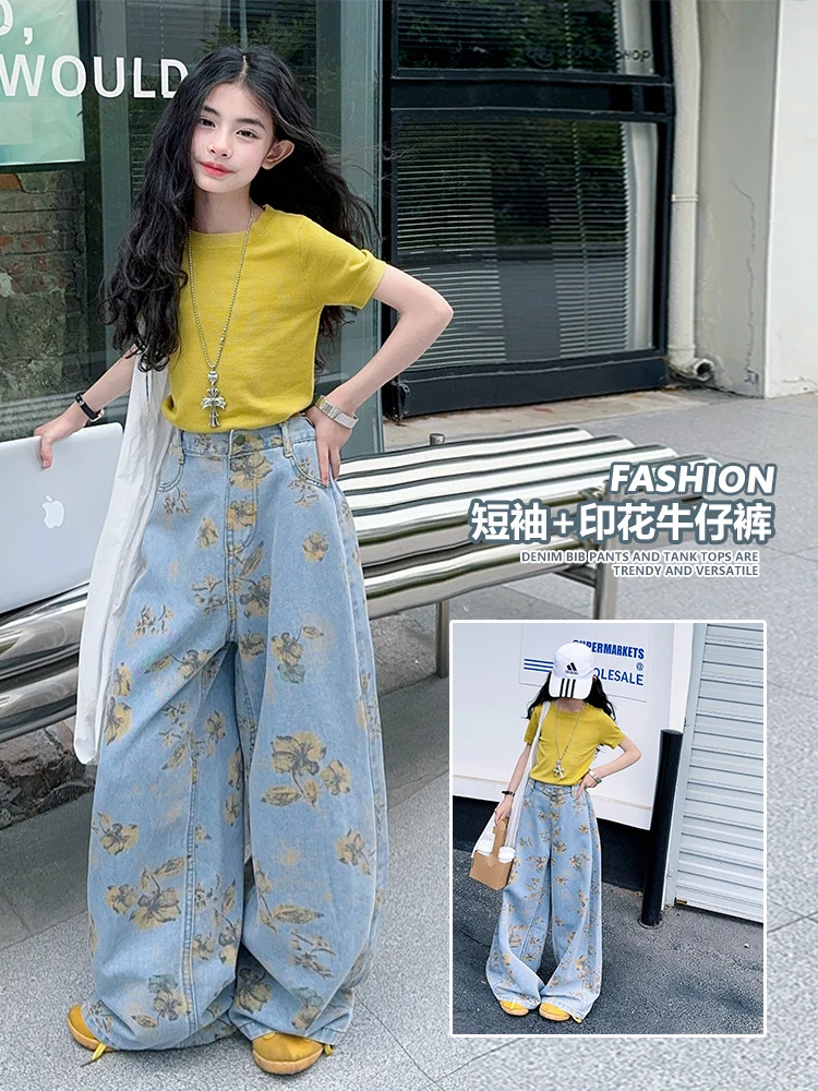 

Girls' Summer Outfit Set2026New stylish short-sleeve clothing for childrentGirls' summer denim wide-leg pants two-piece set