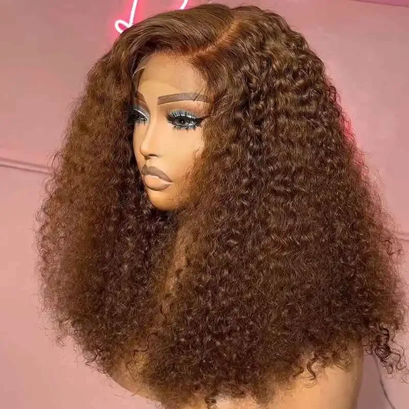 

26 Inches Long Brown Preplucked 180%Density Glueless Kinky Curly Lace Front Wig With BabyHair Heat Temperature Daily Synthetic