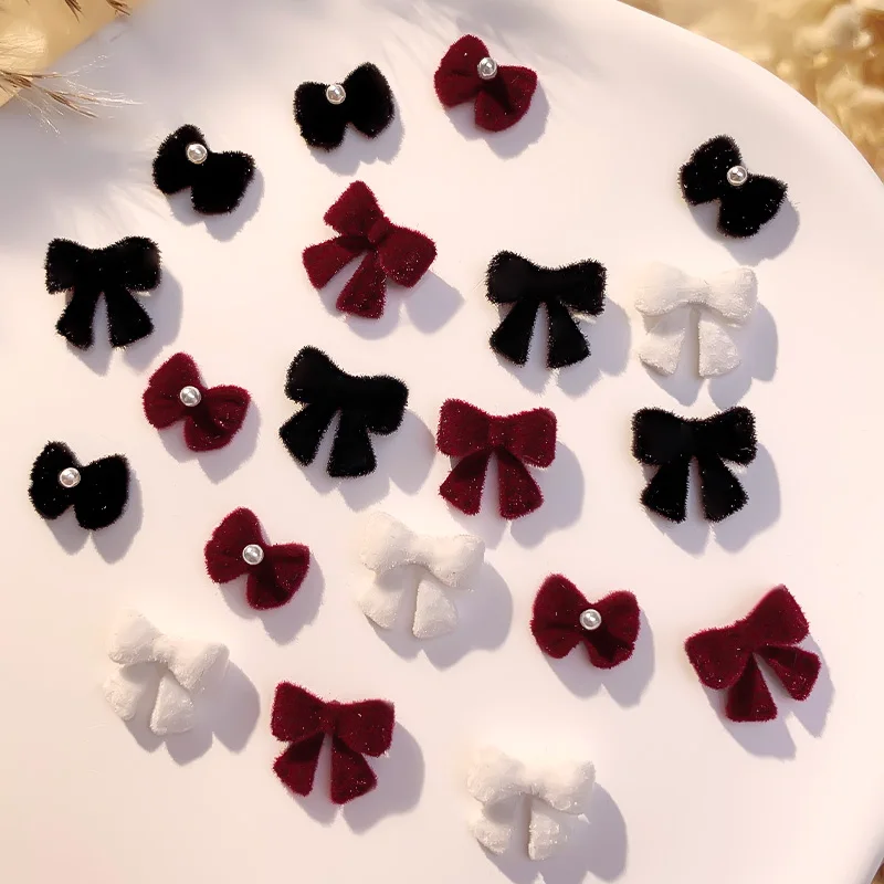 Red Plush Bow Tie Bowknot Ribbon Winter Nail Art Decorations DIY Manicure Accessories Sweet Luxury Decoration Black White