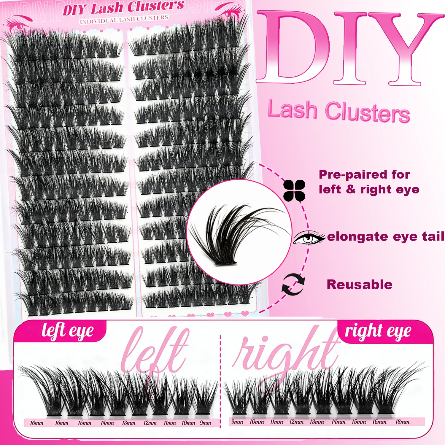 80D Left Right Lash Clusters DIY Eyelash Extensions Wispy Fluffy Segmented False Lashes Mixed Length Reusable