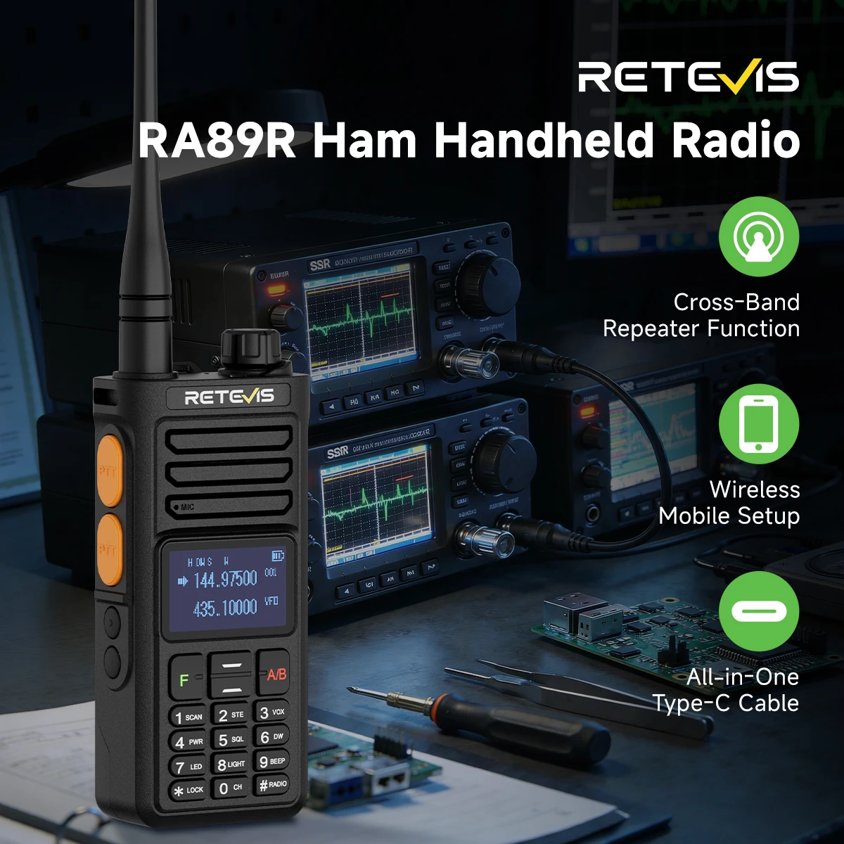 Retevis RA89R/G Walkie Talkie Cross-Band Ham Radio U/V Band App Programming 2800mAh Wireless 200 Channels for Outdoor Camping