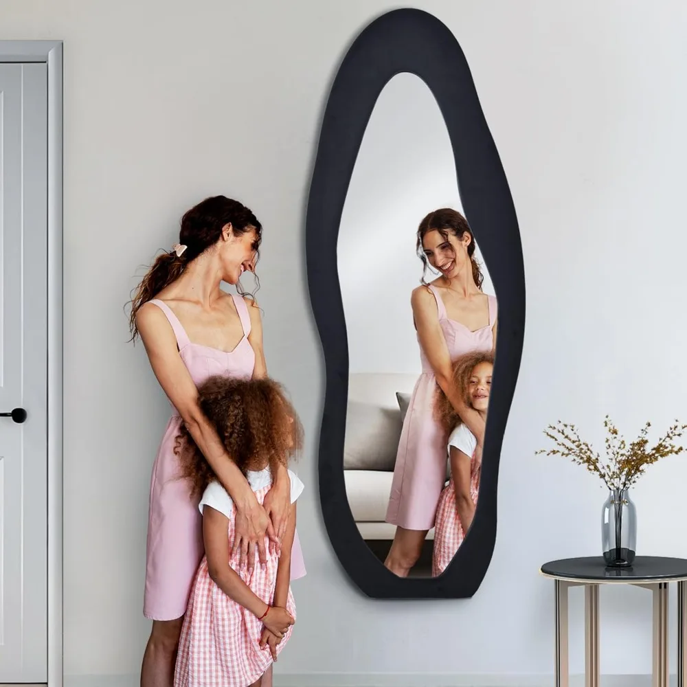 Wall Mounted Full Body Mirror 63x24 Inches, Leaning Floor Mirror with Black Flannel Frame, Irregular Shaped for Home Decor