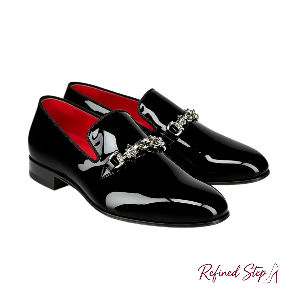 SHOOEGLE Men Chain Patent Leather Shoes Square Toe Loafers Business Party Dress Man Casual Shoes Spring Formal Wedding Shoes