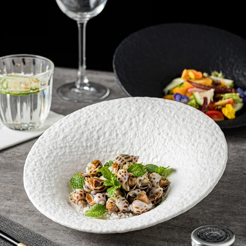 Rock-patterned plates, high-grade salad bowls, special-shaped ceramic creative western food dishes, dessert oblique mouth bowls.