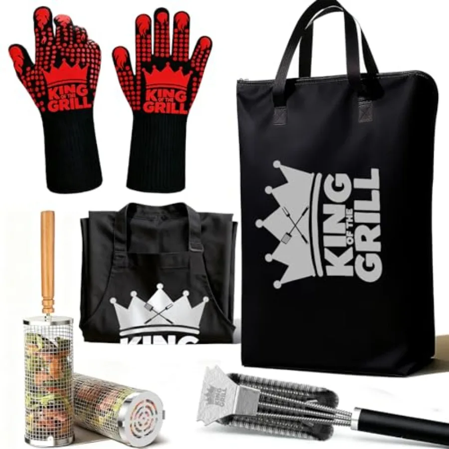 

BBQ Gifts for Men - 5PCS Grilling Gift Set with BBQ Blanket for Resting Meat Apron Heat Resistant Gloves Grill Basket and Brush