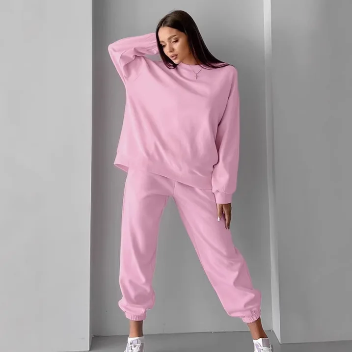 

Lazy Wind Pink Velvet Crew Neck Sweater Two-piece Set Autumn And Winter Sports And Leisure Suit Women's Clothing