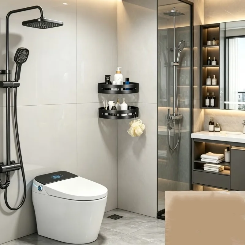 Bathroom WC Wall Shelf Triangle Shower Storage Rack Bath Shampoo Wall Free Punching Black Toilet Corner Shelf Kitchen Accessory