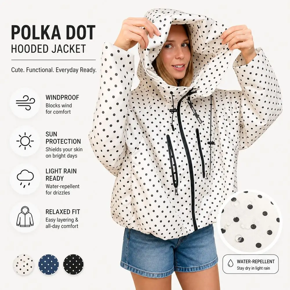 Polka Dot Hooded Windbreaker Jacket Water Resistant Wind Resistant Polka Dot Jacket Full Zip Closure Loose Fit