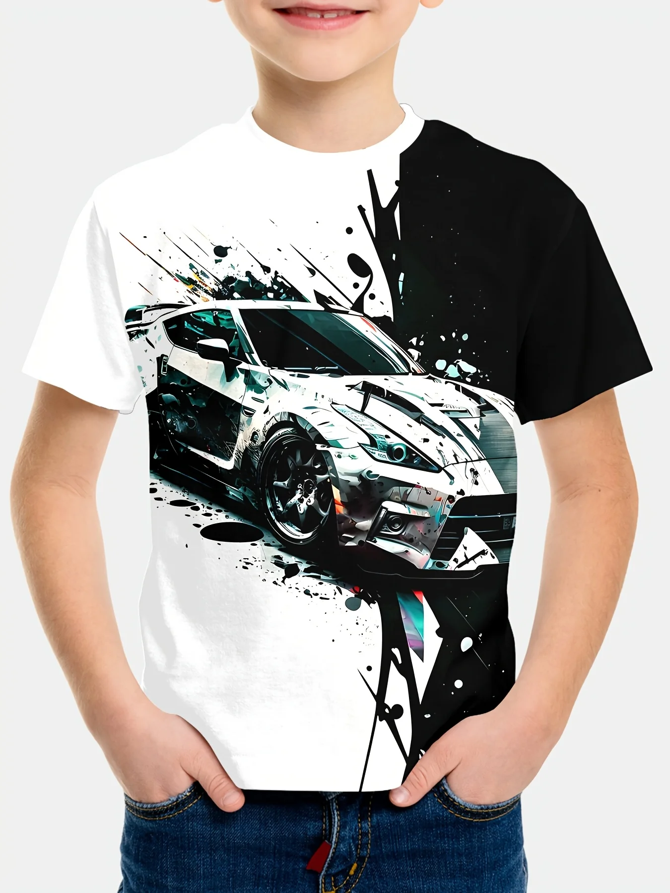 

Boys' Casual 3D Printed Cool Car Pattern T-shirt, Boys' Short T-shirt Pullover, Seasonal Casual Short Sleeved Pullover,