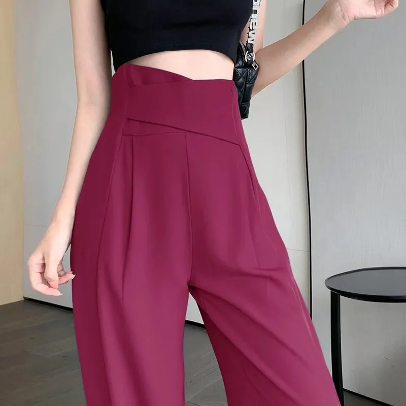 

Wide Leg Pants Women Casual Baggy High Waist Simple Temper Streetwear Pure Folds Chic Full-length Trouser Personality Fashion