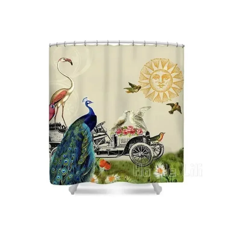 Whimsical Boho Flamingo Bird Shower Curtain Peacock Bathroom Decor