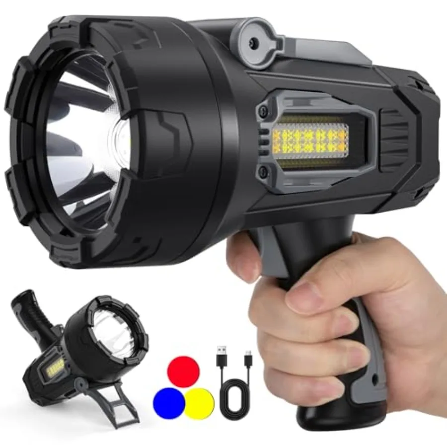 

Rechargeable Spotlight, 2000000 Lumens Super Bright Spot Light, LED Handheld Spotlights Flashlight with 3 Color Lenses and Fold