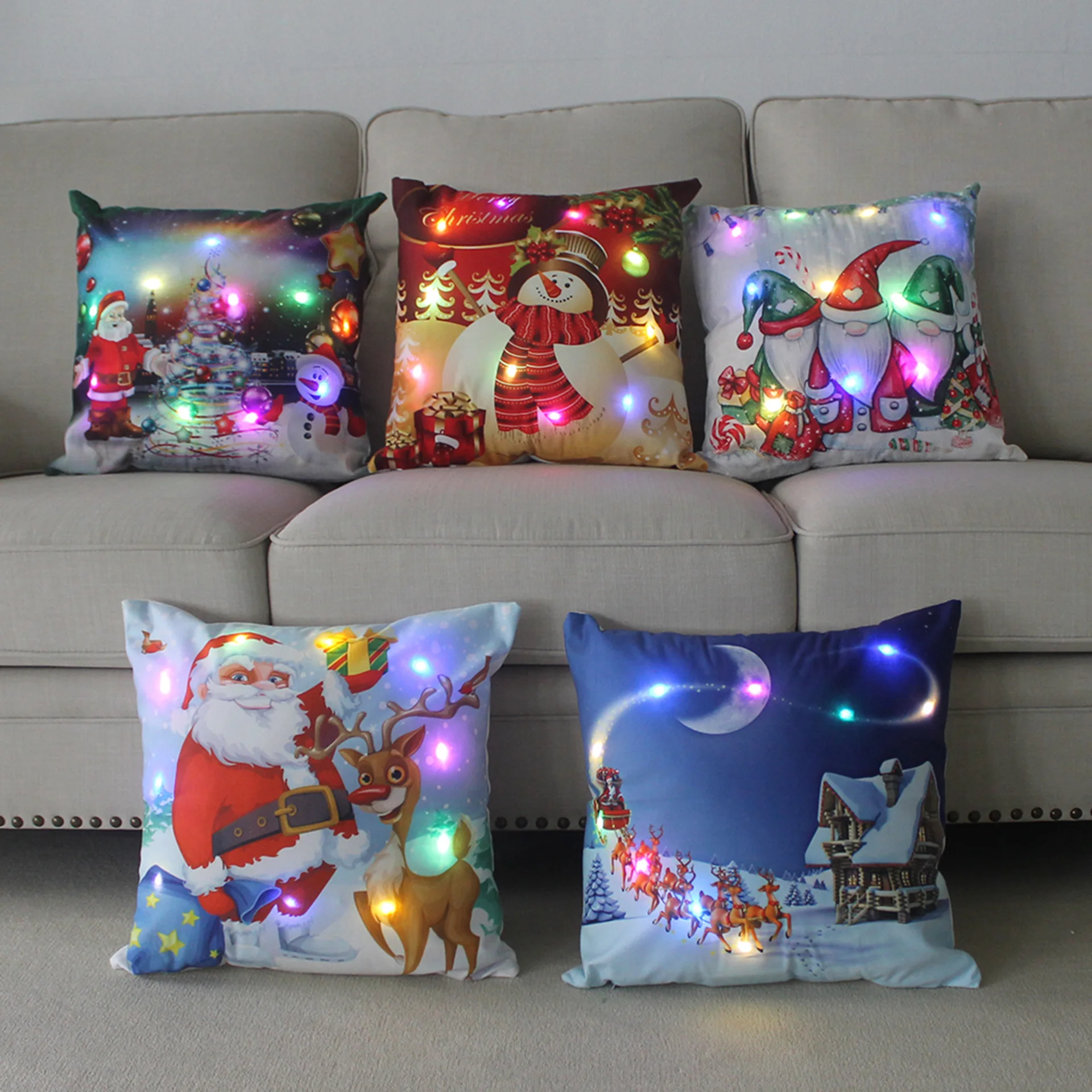 Fundas de almohada navideñas de dibujos animados, almohadas navideñas LED de 18x18 pulgadas con luces, decoración navideña para el hogar, decoración