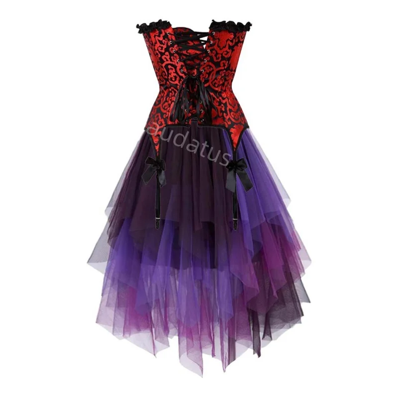 Corset Dress Costume irregular skirt Set With Bow Bustier Costume Party Burlesque Ladies Outfit Plus Size Gothic Halloween Red