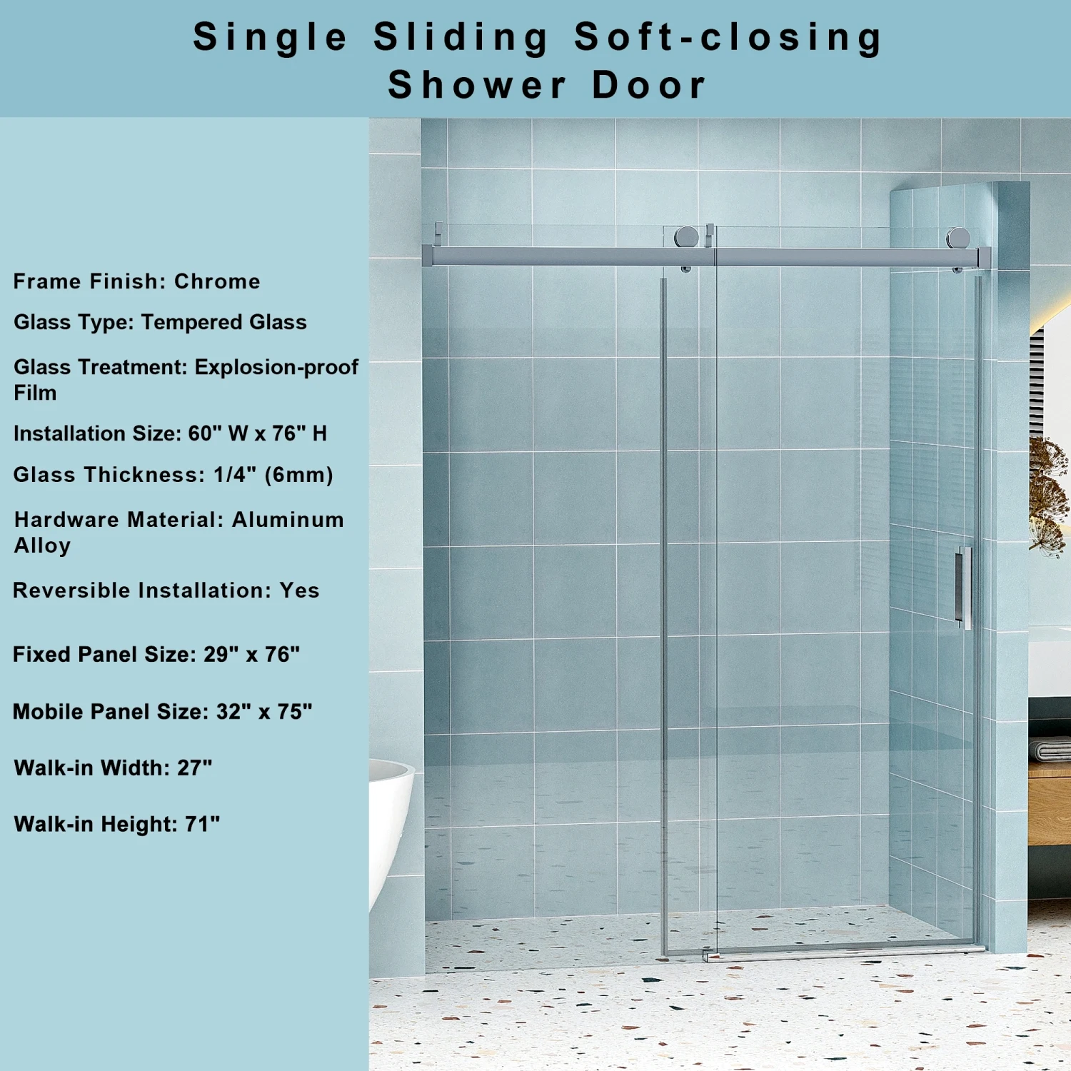 

Frameless Soft-closing Sliding Shower Door w/ Tempered Glass, Express Delivery, Chrome.