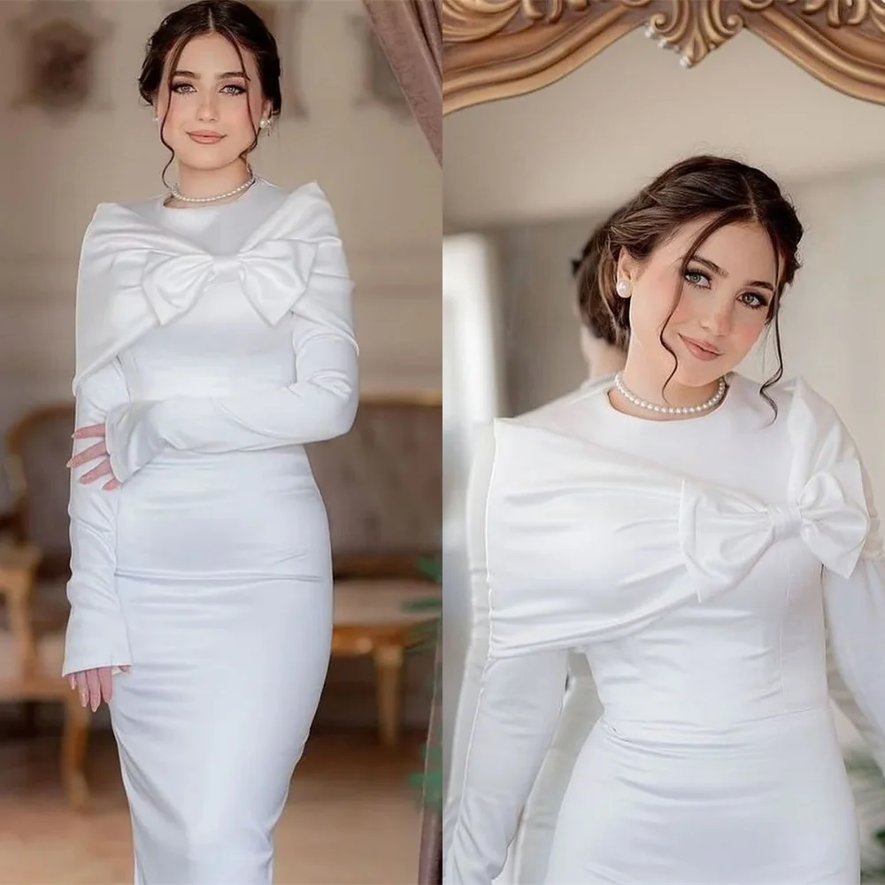 

Customized Romantic White Satin Wedding Dress Exquisite Crew Neck Bow Shawl Long Sleeves Chapel Train Mermaid Bridal Gowns