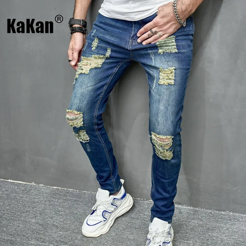 Kakan - European and American New Tight Perforated Jeans for Men, High Elastic Slim Fit Long Jeans K78-343