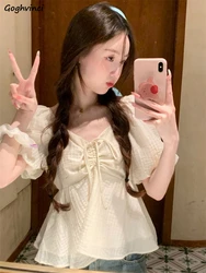Sweet Puff Sleeve Blouses for Women Tender Simple College Girls Shirring Chic Summer All-match Temperament Fashion Vintage Ins