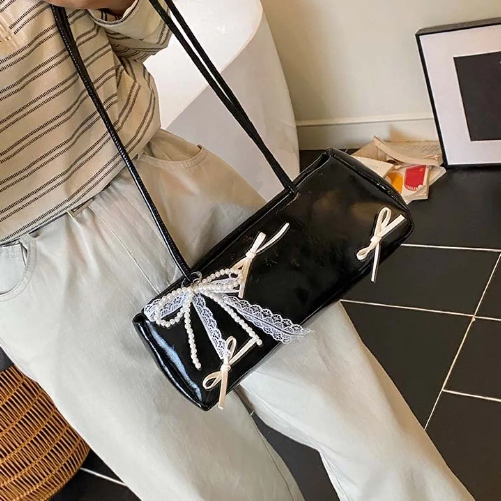 

Sweet French Stick Handbag Bow Ribbon Pendant Silver PU Shoulder Bag Large Capacity Korean Style Lady Underarm Bags Daily