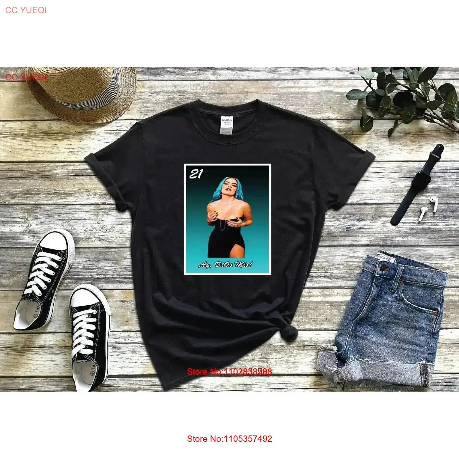 Camiseta La Bichota Karol G con diseño de tarjeta Lotería Ay Dios Mio, estilo vintage, lavada, informal, cómoda y suave.
