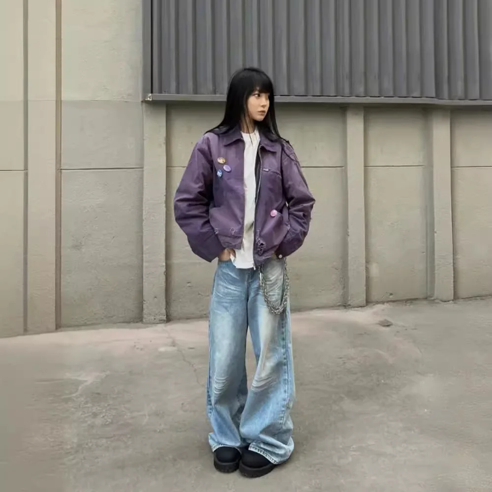 Firmranch Ice Blue Washed Jeans Messy Cat Whiskers Baggy Retro Casual Jeans For Men Women Couple Loose Straight Denim Pants