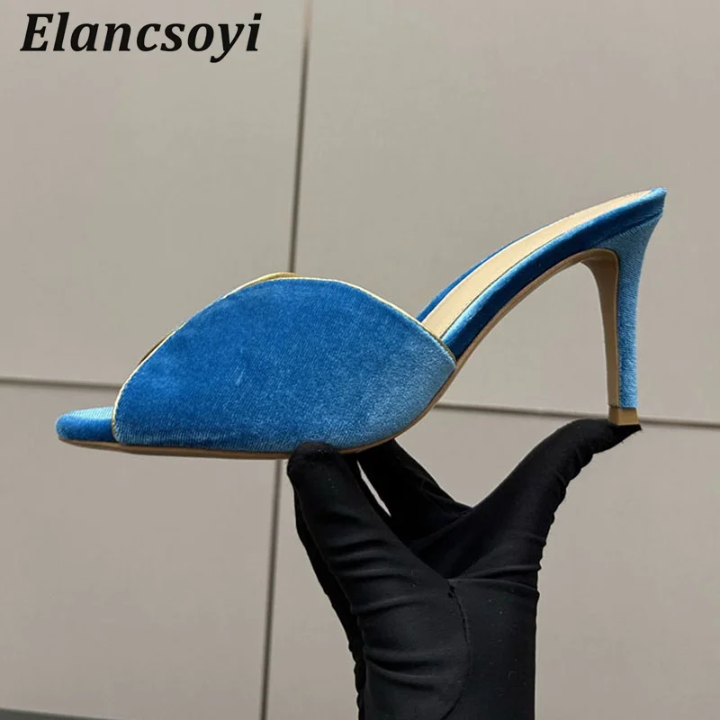 Slippers Women's Pumps Velvet Thin High Heels Peep Toe Lazy Sandals Outdoor Slides Summer Fashion Party Dress Shoes 2025