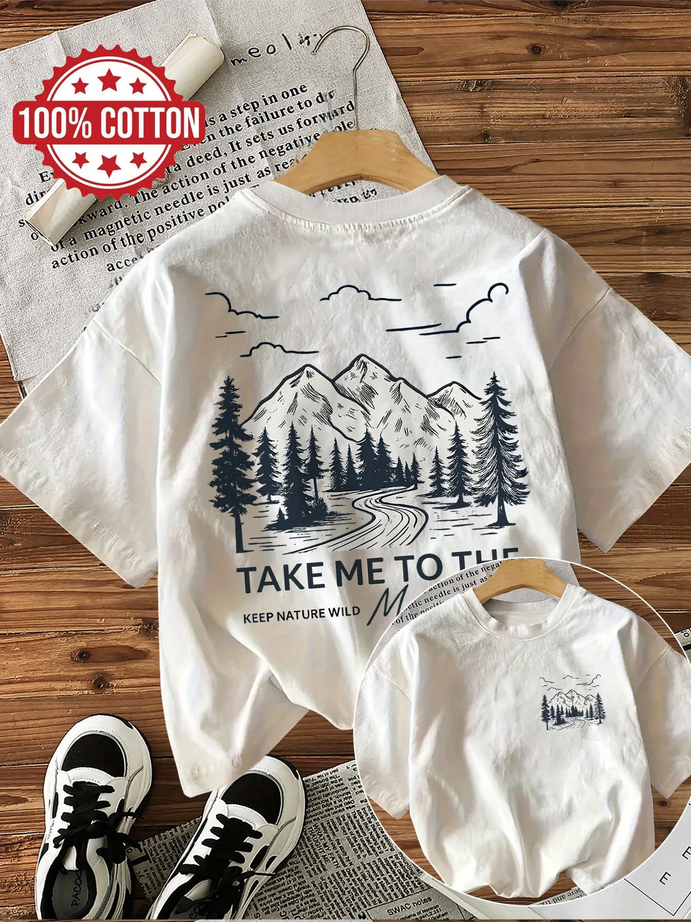 T-shirt da donna in cotone 100% T-shirt grafica con paesaggio di montagna con slogan "Take Me To The Wild" Camicia casual per tutti i giorni Donna Ragazza