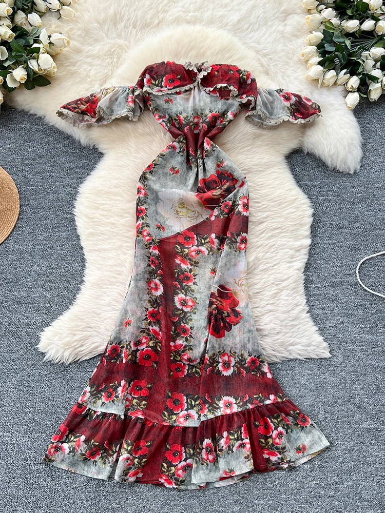 

Women Summer Dress Korean Version One Shoulder Strapless Lace Patchwork Slim Fit Ruffle Edge Printed Vacation Vestidos DS128