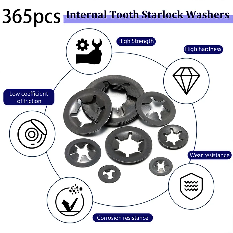 365-Piece Internal Tooth Star Lock Washer, M3/M4/M5/M6/M8/M10/M12 Quick Lock Washer Combination Kit, Push-In Lock Washers