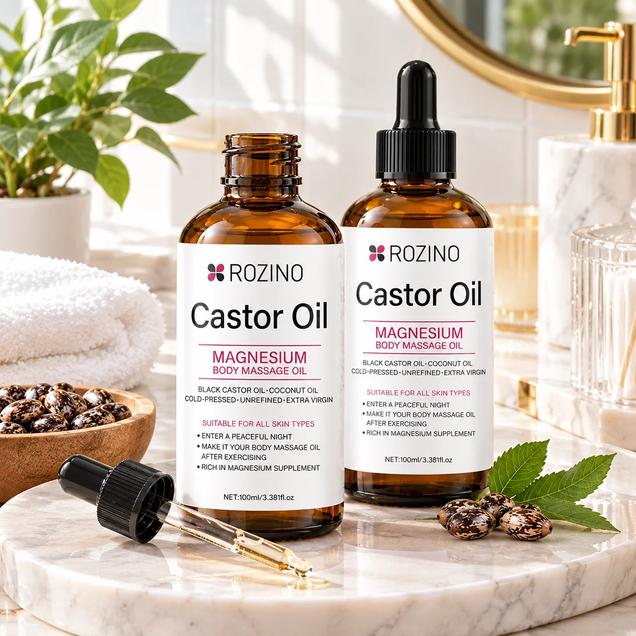 2Pcs Rozino Castor Oil Magnesium Body Massage Oil 100ml Cold Pressed Unrefined Extra Virgin Black Castor Coconut Oil Skin Care Oil for Full Body Massage Suitable for All Skin Types