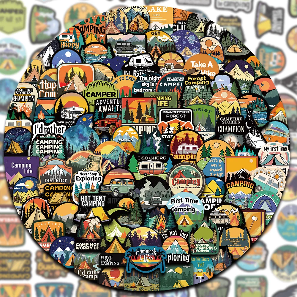 50/100 قطعة الكرتون متعة الرجعية التخييم ملصق جبل عميق النار خيمة على الطرق الوعرة مركبة فن الديكور زجاجة ماء الغيتار الهاتف