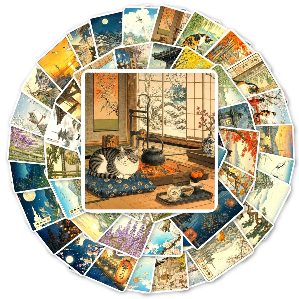 50Pcs Cute Japanese‑Style Cat Scenery Stickers, Ukiyo‑e Vintage Cartoon Waterproof Decals for Journaling, Luggage & DIY