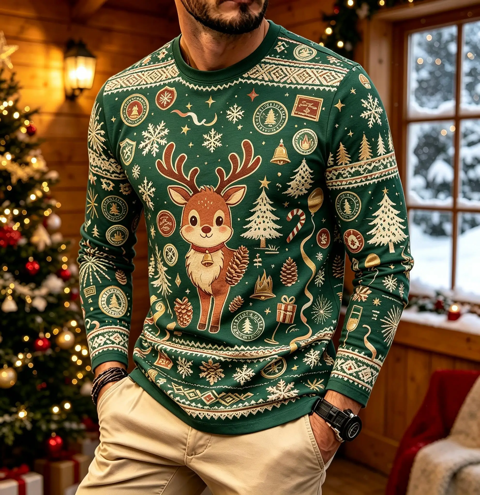 Festive Cute Reindeer Snowflake Christmas Tree Print Men Long Sleeve T-shirt, Winter Holiday Daily Casual Wear Top