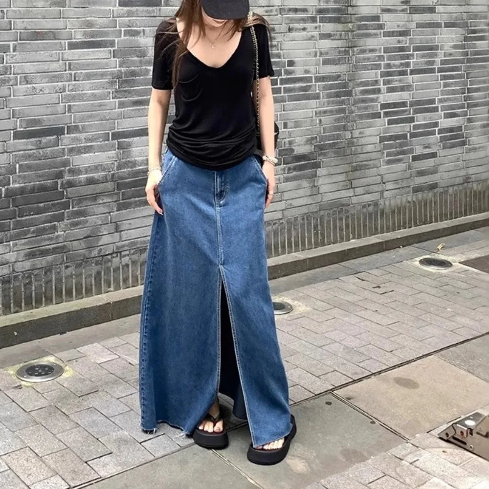 

Summer New Cotton Blending Slit Tentacle Denim Skirt