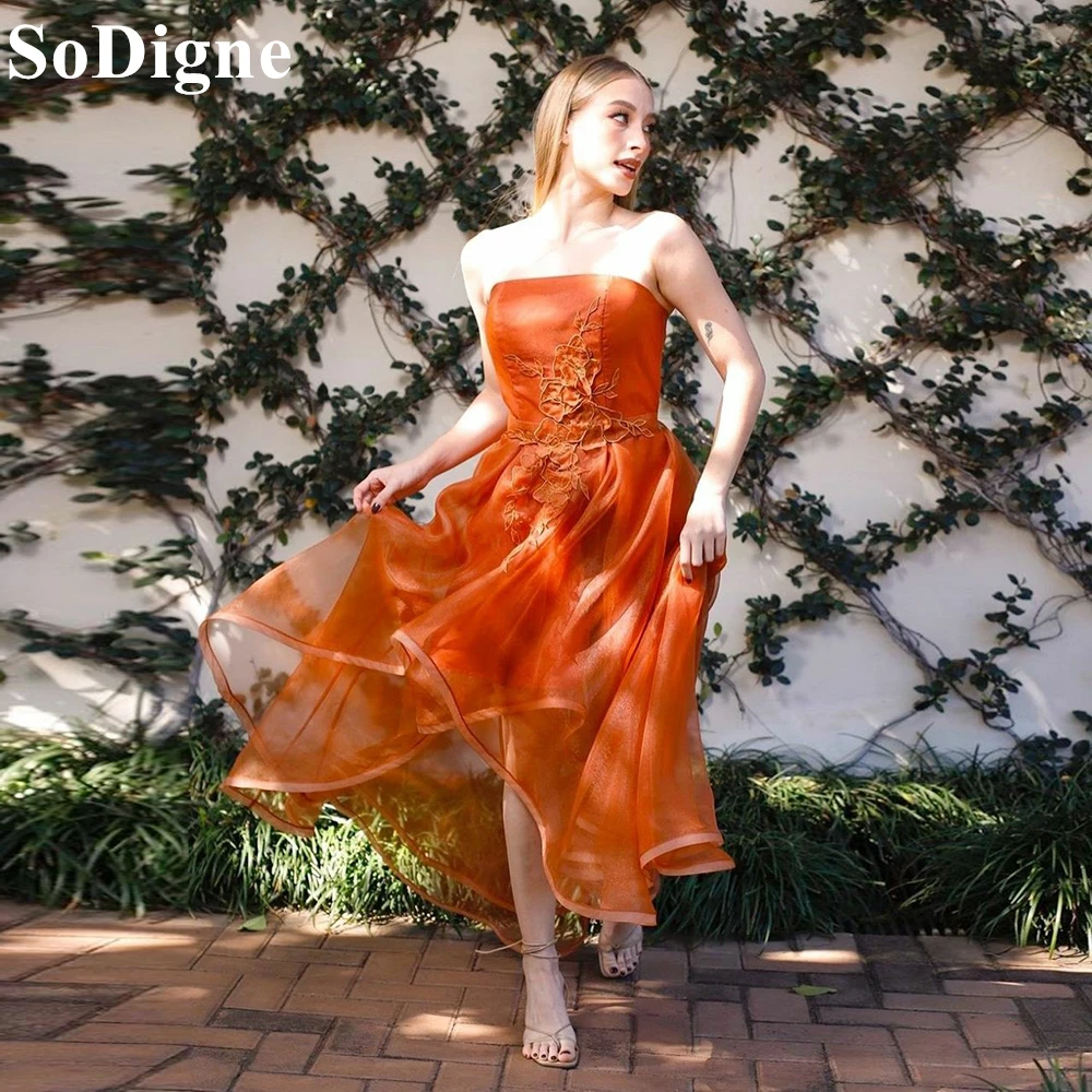 

SoDigne Orange Tulle Evening Dresses Strapless Floral Appliques Ankle Length Gala Party Dress 2024 Banquet Prom Gowns for Women