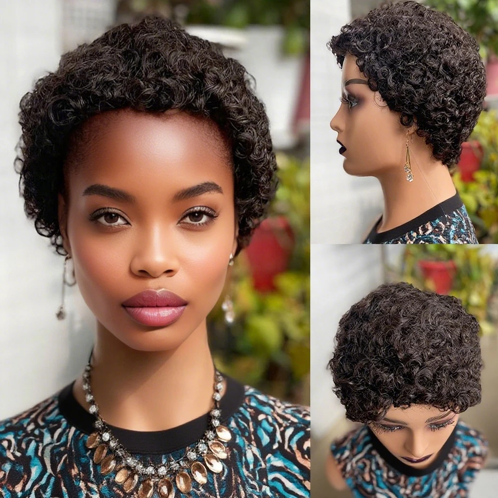 باروكات شقراء مجعدة للنساء، باروكات أفريقية مجعدة قصيرة مع غرة، باروكة من شعر طبيعي مصنوعة آليًا بالكامل #3