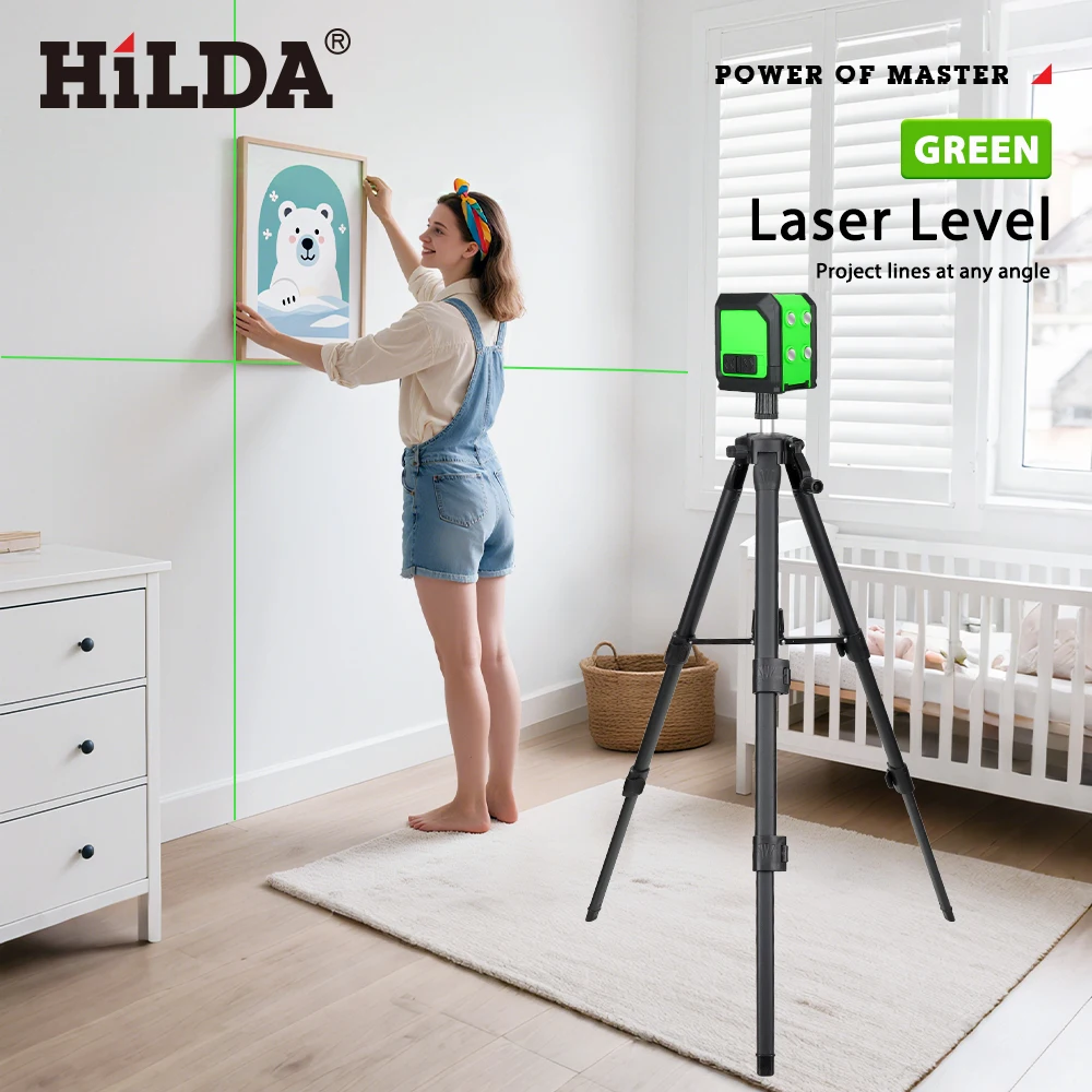 HILDA Laser Level 2 Linien selbstnivellierender Laser mit grünen Strahlen, horizontale und vertikale Kreuzlinie mit 1 m Stativ zum Aufhängen von Bildern – Detail 9