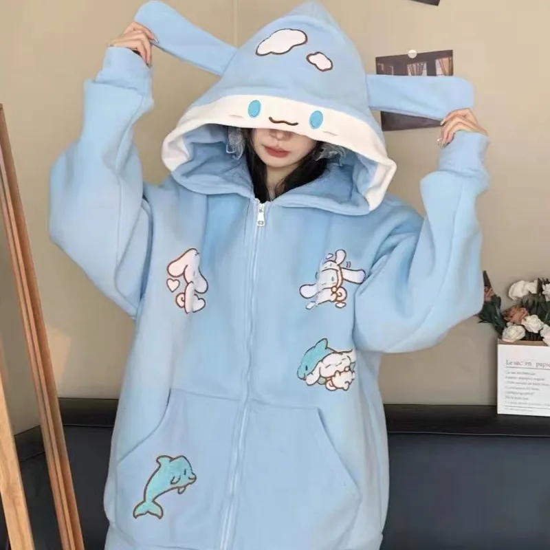 Sanrio Cinnamoroll Printed Hooded Sweetheart Women\'s Cute Autumn and Winter New Loose Korean Coat Zipper Cute Cartoon Jackets