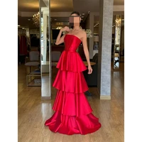Cathy personalizar rojo capas satén A-line vestido de fiesta Simple sin tirantes vestidos de noiva elegantes hasta el suelo vestidos de noche 2025