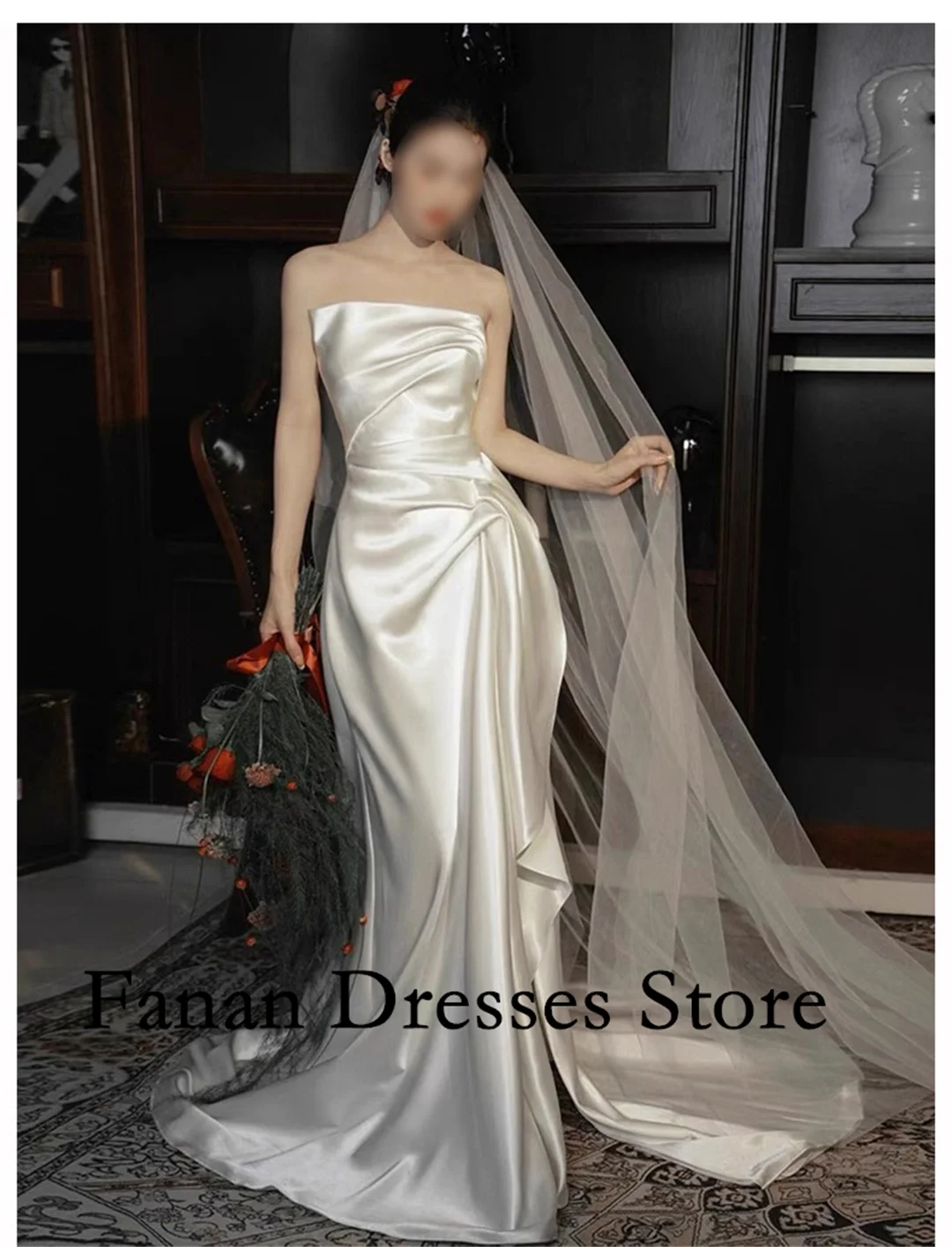 

FANAN Korea Mermaid Floor Length Strapless Silk Satin Bride Gown Ruched Corset Wedding Dresses 웨딩드레스 Ivory Customized Prett