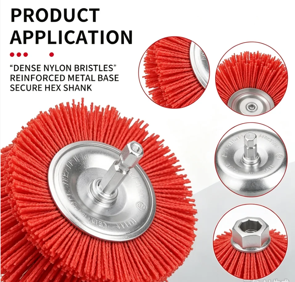 Nylon Abrasive Brush Set for Drill 6 Pack, 1/4 Inch Hex Shank, 3 Inch 2.6InchRedCoarsBristleBrushesforPaintCorrosionRustRemoval