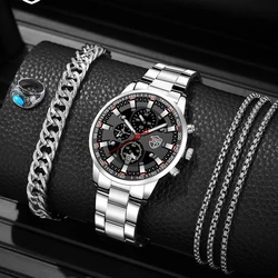 5pcs Set Mens Watches Fashion Luxury Men Stainless Steel Quartz Wrist Watch Man Business Casual Necklace Bracelet Ring Watch